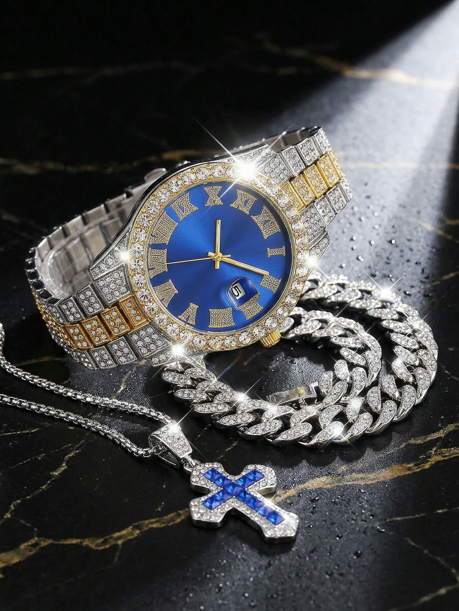 Sugest&atilde;o de imagem: Foto macro em alta qualidade do rel&oacute;gio, pulseira e corrente juntos, brilhando sob luz direta sobre um fundo escuro elegante