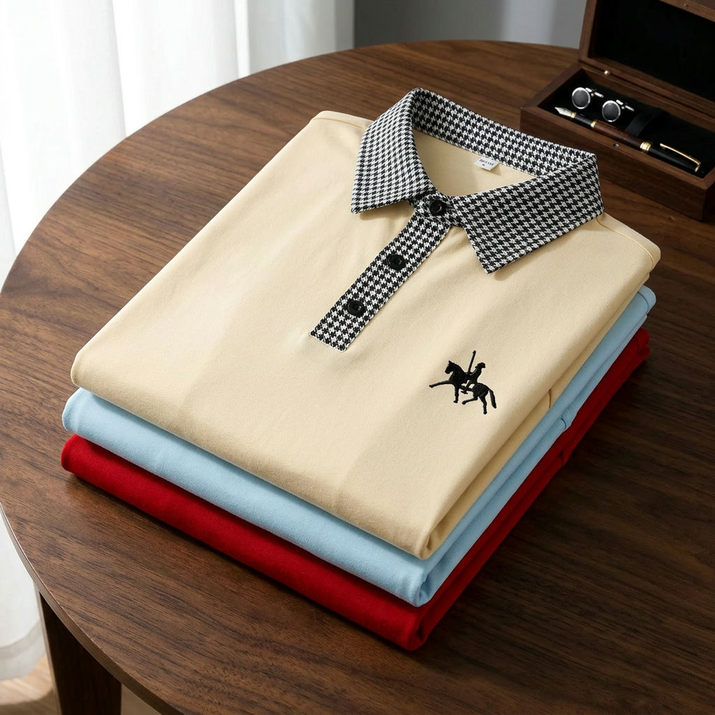 Sugest&atilde;o de imagem: Foto da camisa dobrada de forma organizada sobre uma superf&iacute;cie de madeira, apresentando um aspecto de produto de luxo