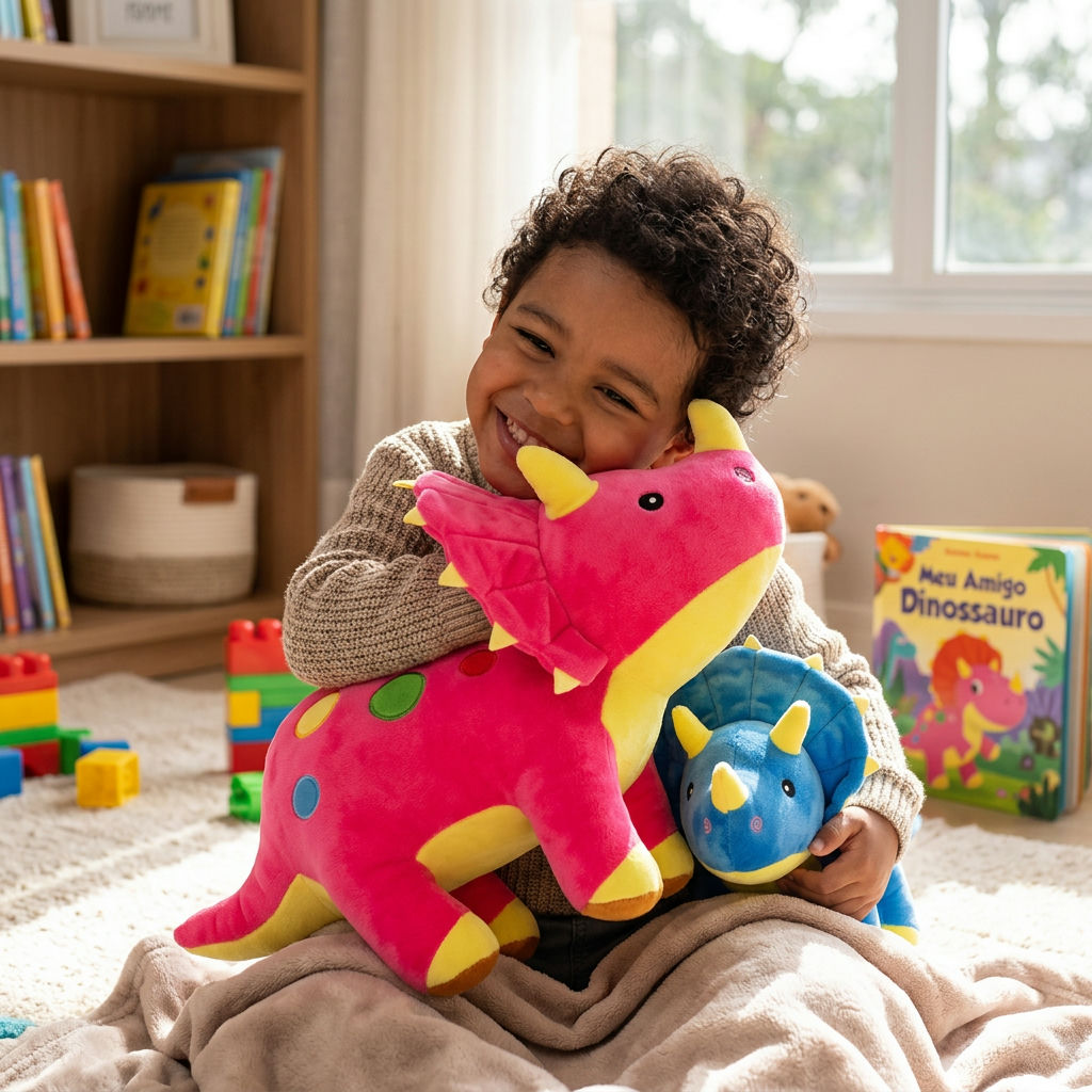 Sugestão de imagem: Criança sorrindo abraçada com a pelúcia de dinossauro colorida em um ambiente aconchegante
