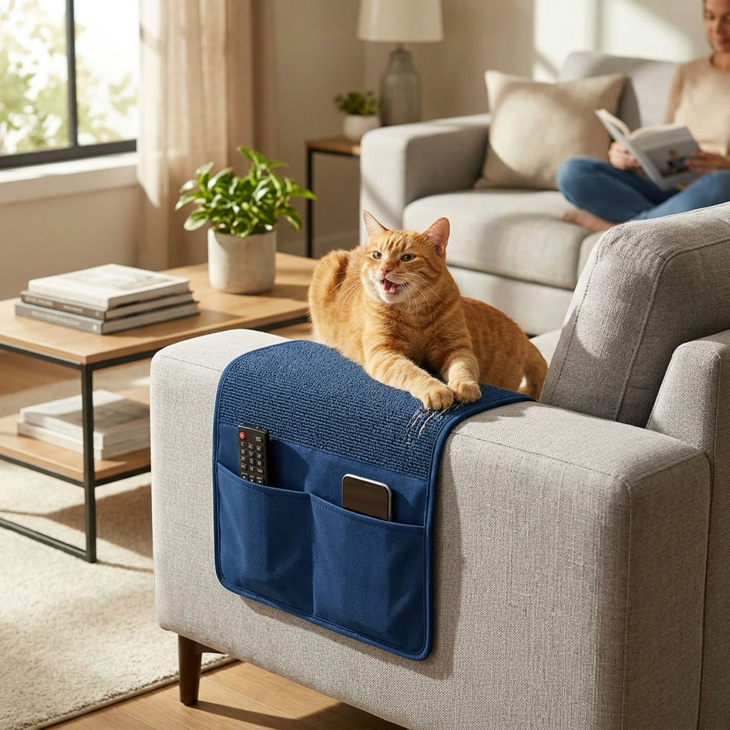 Sugest&atilde;o de imagem: Gato usando alegremente o arranhador SofaGuard instalado no bra&ccedil;o de um sof&aacute; moderno