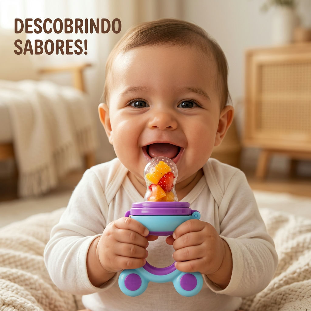 Sugestão de imagem: Close-up de um bebê sorridente segurando o alimentador BabyFresh com uma fruta colorida dentro