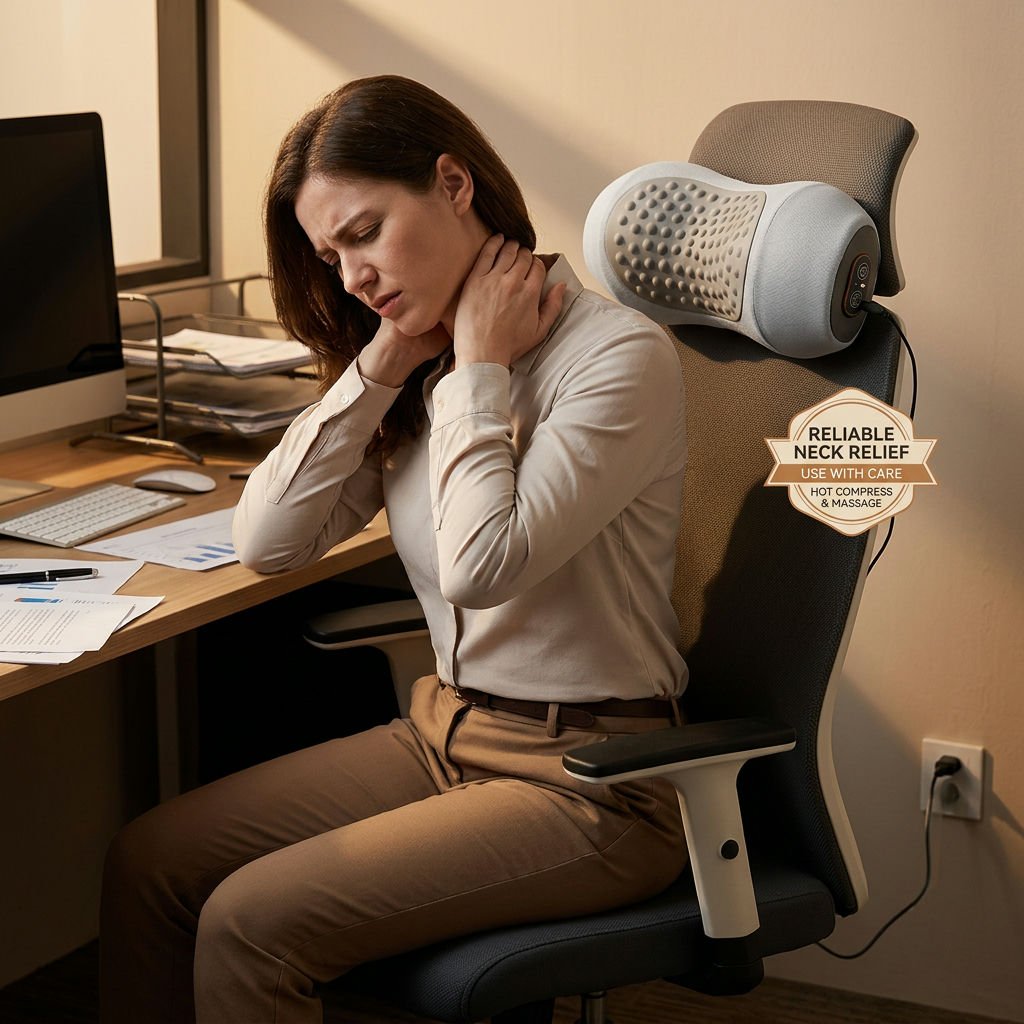Image suggestion: A person sitting in an office chair, hands on their neck with an expression of fatigue or pain