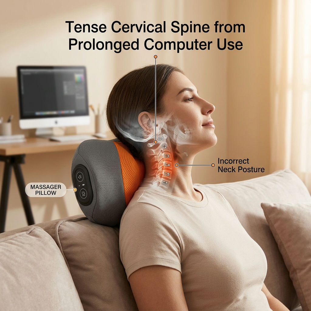 Image suggestion: X-ray view of a cervical spine tensed due to computer use