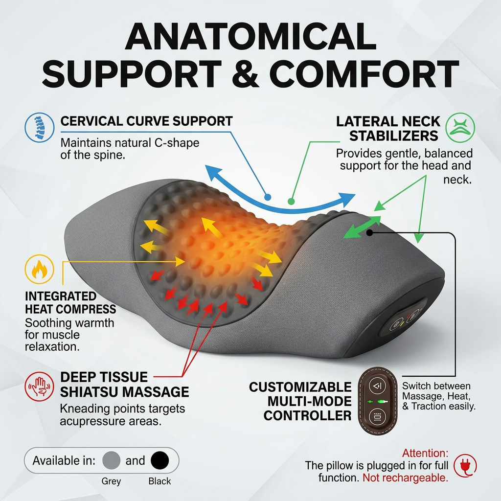 Image suggestion: Anatomical design of the pillow with arrows indicating the support and natural fit