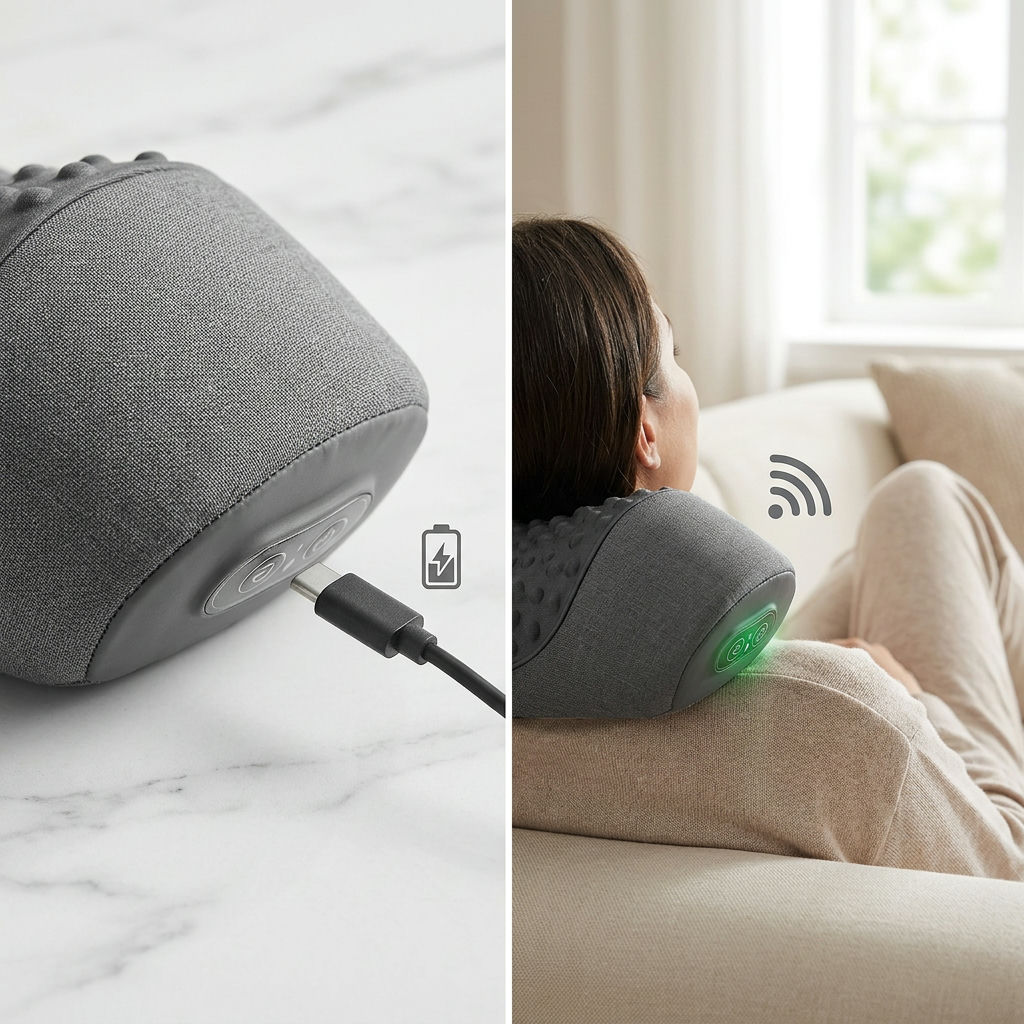 Image suggestion: Close-up of the USB cable connecting to the massager and a person using the product wirelessly