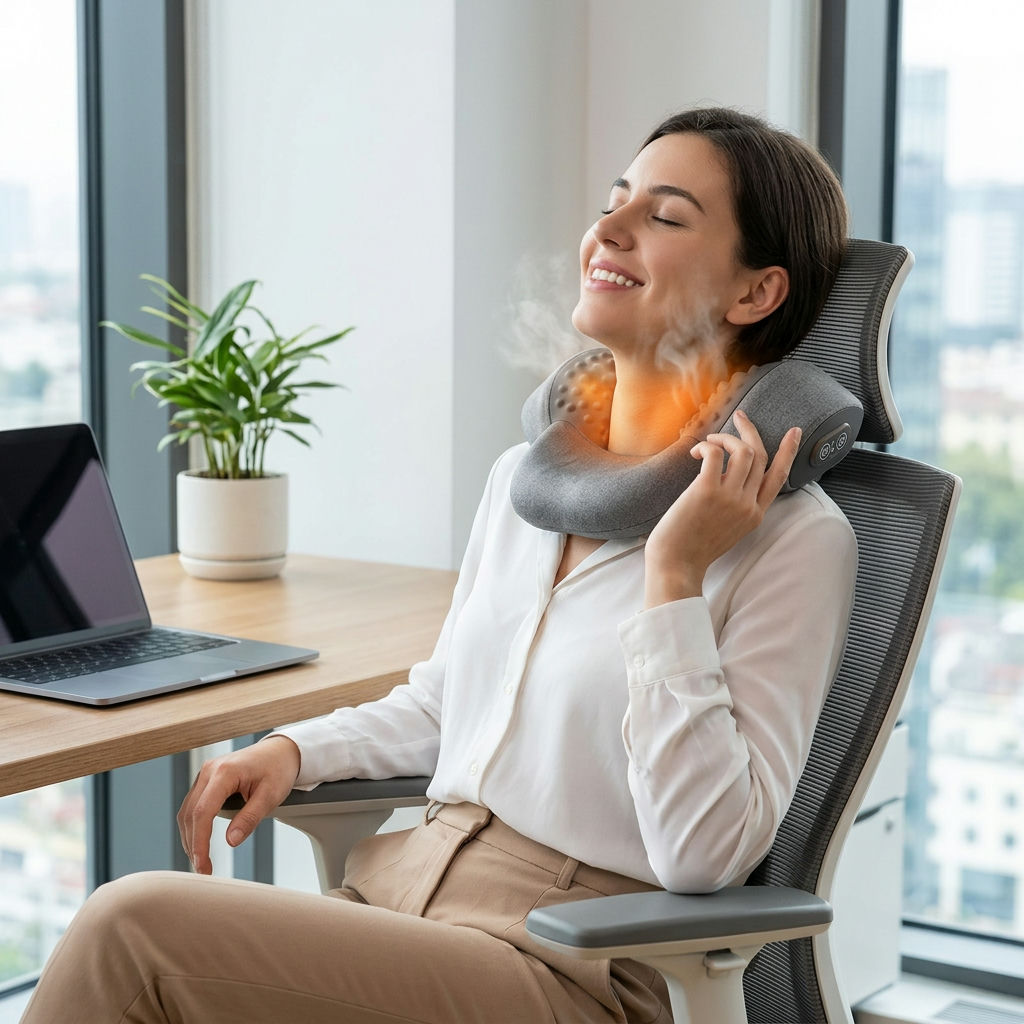 Image suggestion: Person smiling and relaxed using the massager in a modern workspace
