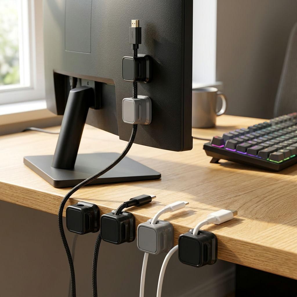 Sugestão de imagem: Foto comparativa mostrando diferentes tipos de cabos presos nos clipes: USB, carregador de notebook e fone de ouvido
