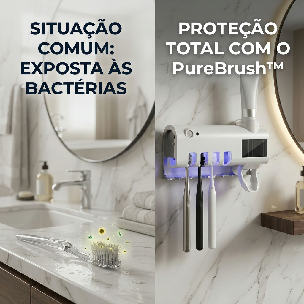 Sugestão de imagem: comparação dividida mostrando uma escova comum exposta e uma escova protegida dentro do PureBrush