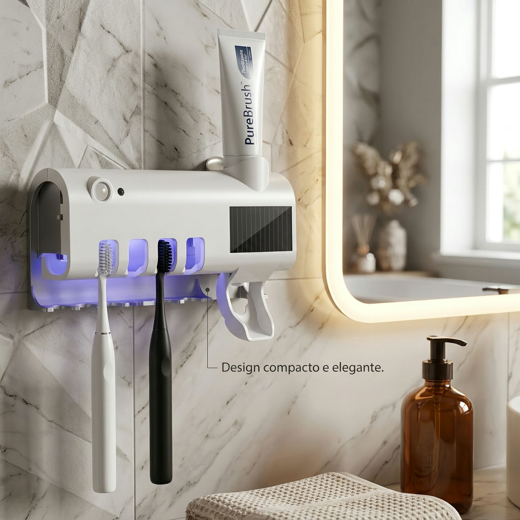 Sugestão de imagem: detalhe do design compacto e elegante do produto em um banheiro decorado