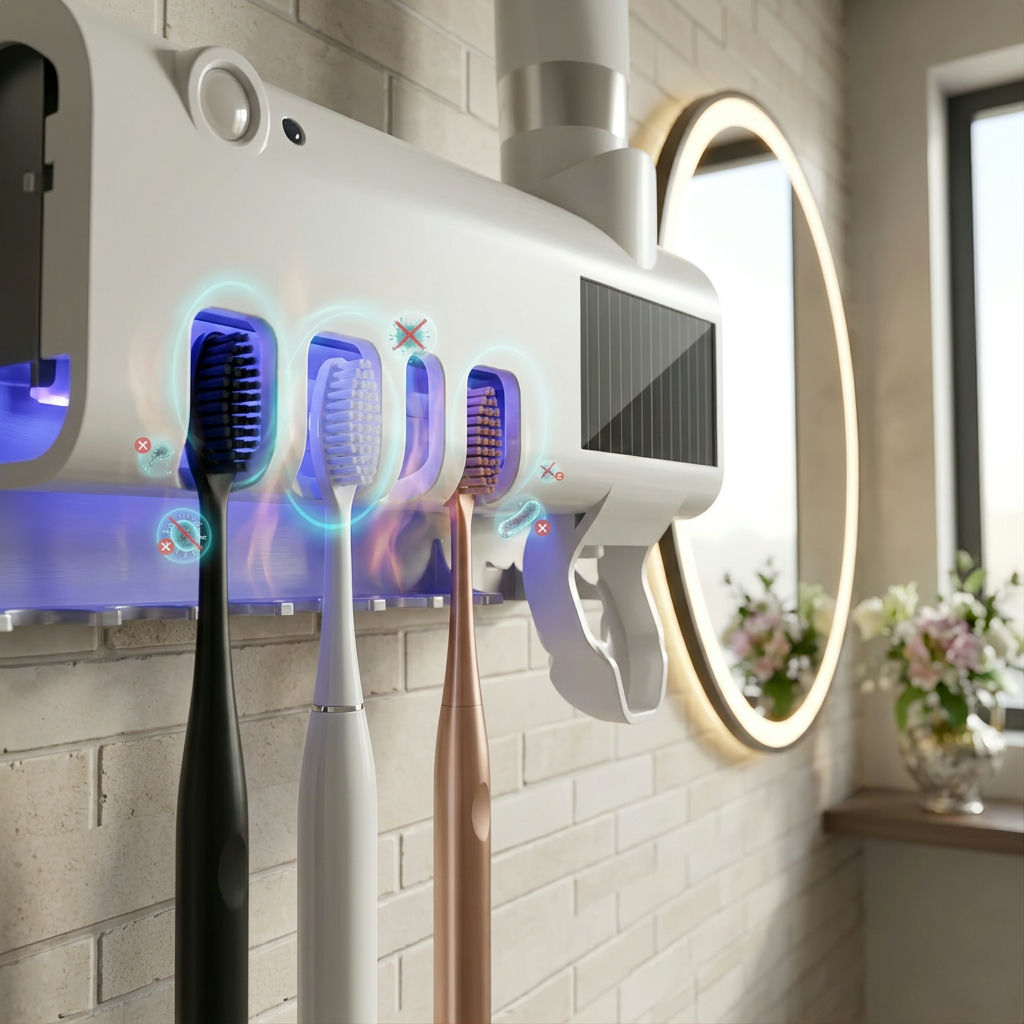 Sugestão de imagem: close-up da luz UV azul esterilizando as escovas em um ambiente moderno