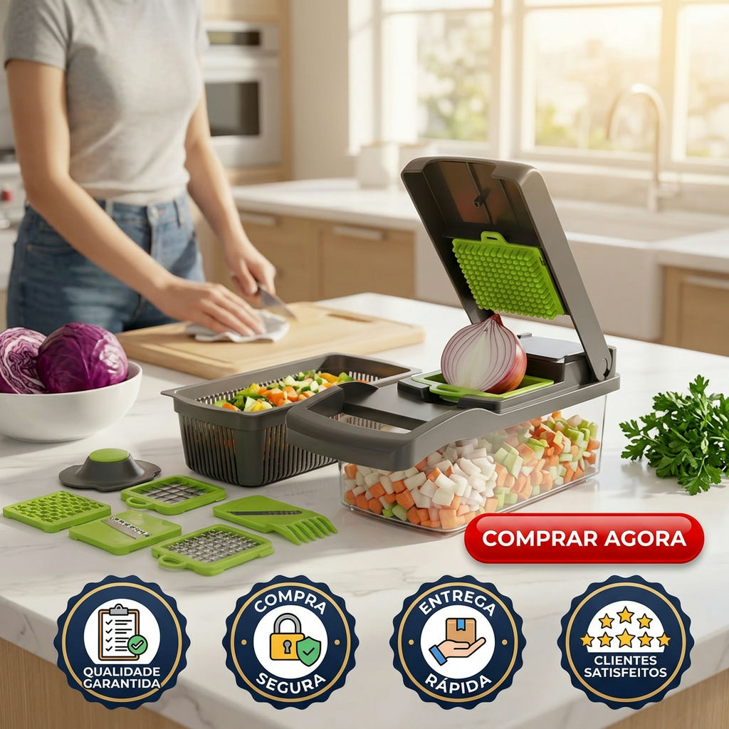 Sugest&atilde;o de imagem: foto de um prato finalizado maravilhoso com legumes cortados pelo produto, transmitindo a sensa&ccedil;&atilde;o de sucesso culin&aacute;rio