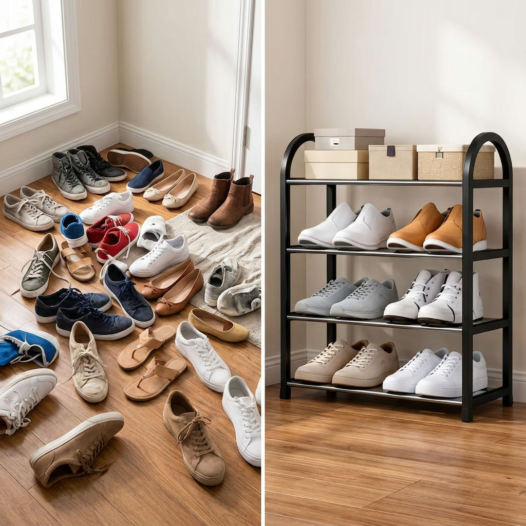 Sugest&atilde;o de imagem: foto de compara&ccedil;&atilde;o antes e depois, mostrando sapatos bagun&ccedil;ados no ch&atilde;o e depois organizados verticalmente na estante